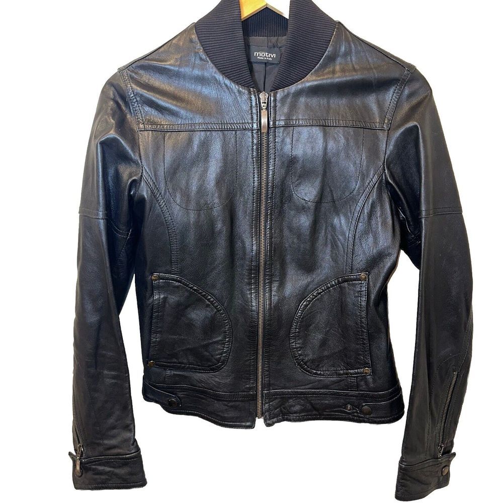 Motivi Black Leather Bomber Jacket with Ribbed Collar